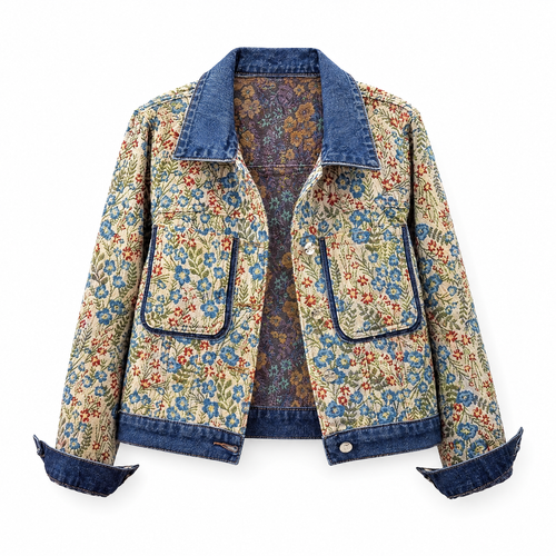 Galartsy Floral Embroidered Patchwork Denim Jacket