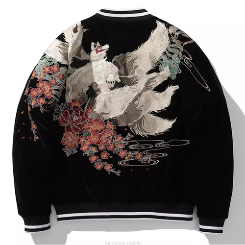 Galartsy Kitsune Spirit Sukajan Bomber Jacket (Black & Red)