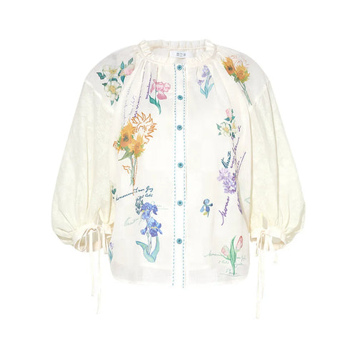 Galartsy Van Gogh Floral Lantern Sleeve Blouse