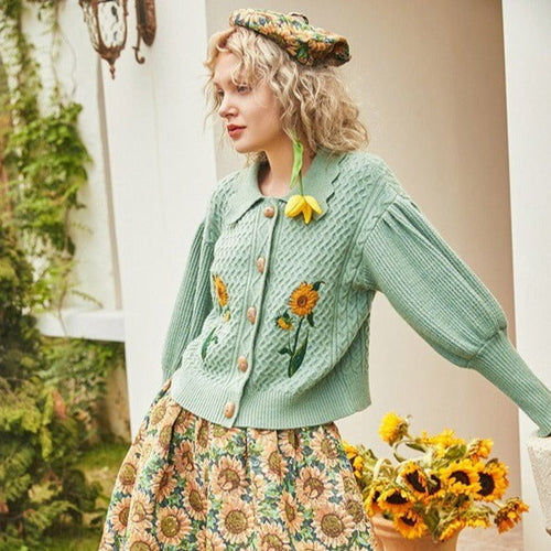 Galartsy Van Gogh sunflowers Puff Sleeve Knitted Cardigan