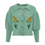 Galartsy Van Gogh sunflowers Puff Sleeve Knitted Cardigan, view 2
