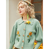 Galartsy Van Gogh sunflowers Puff Sleeve Knitted Cardigan, view 3