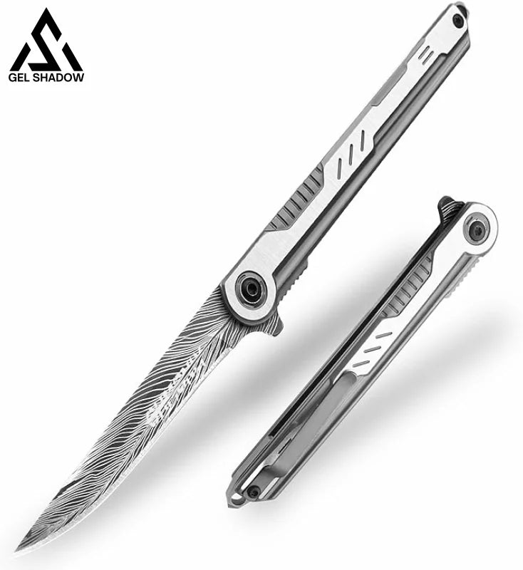 GELSHADOW 3.5 inch Pocket Knife with Clip and Feather Pattern Blade, EDC Knife for Outdoor-GS22