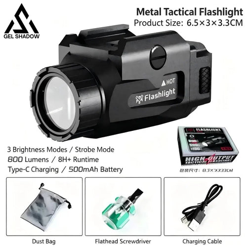 GELSHADOW 800LM Tactical Light 4 Mode USB Rechargeable Quick Release Picatinny Rail Mount