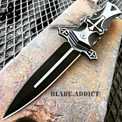 GELSHADOW CELTIC CROSS Folding Blade STILETTO Pocket Knife Black-GS42