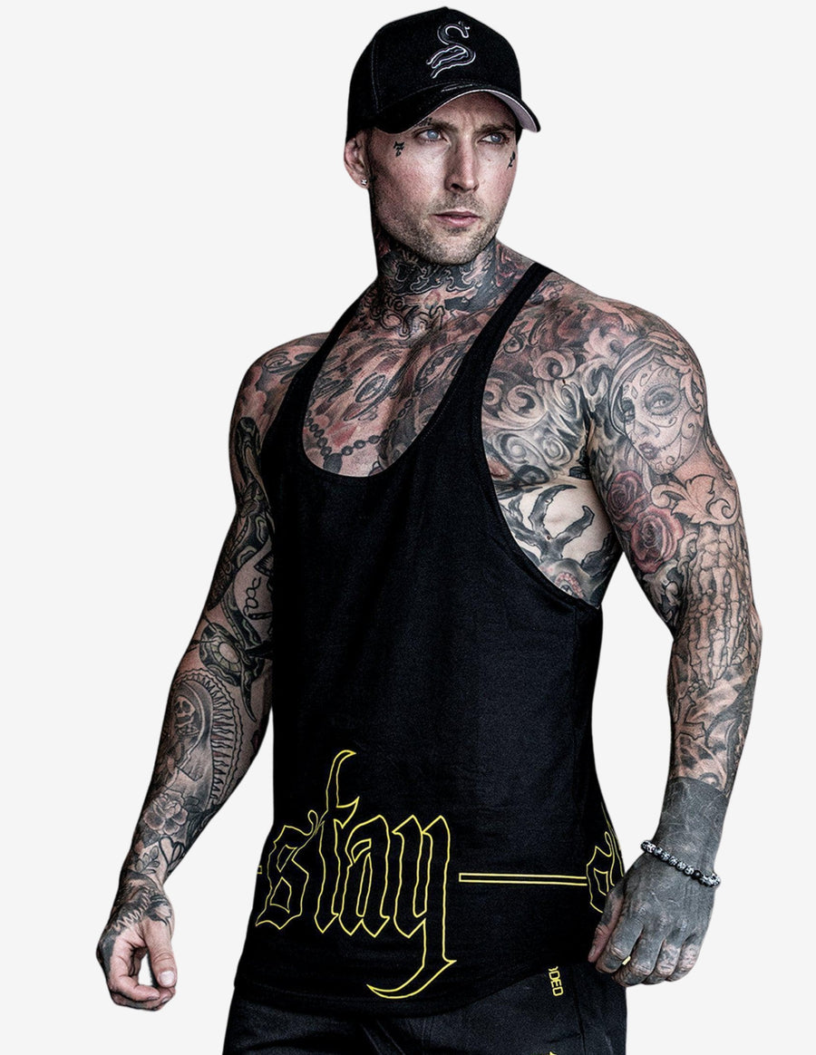 Guru Muscle HOLLOW T-BACK - gym singlet tanktop - Black/Yellow