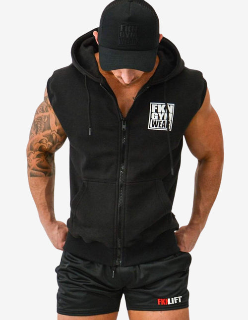 Guru Muscle MEN'S GYM HOODIE | ZIP-UP SLEEVELESS | BLACK