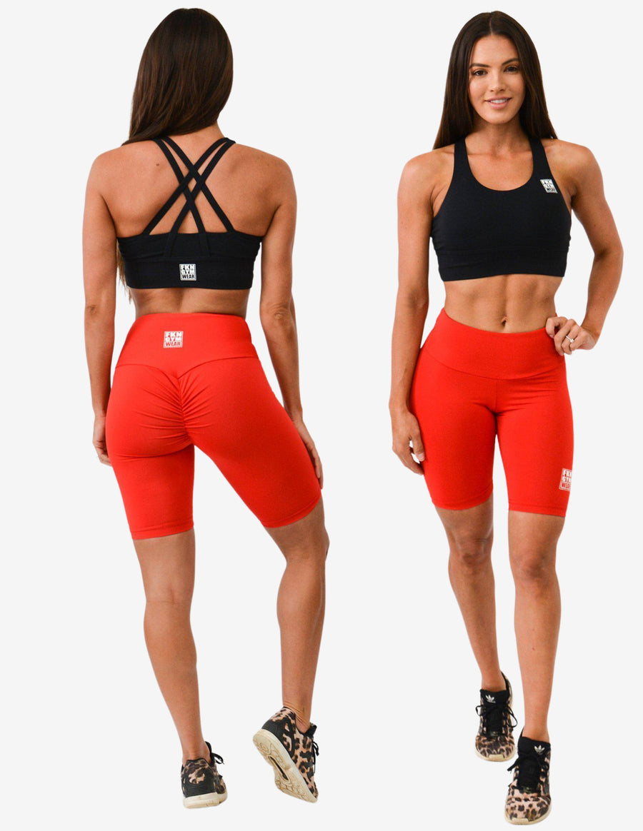 Guru Muscle Workout Set | Black Crop Top & Red Scrunch Bum Bike Shorts