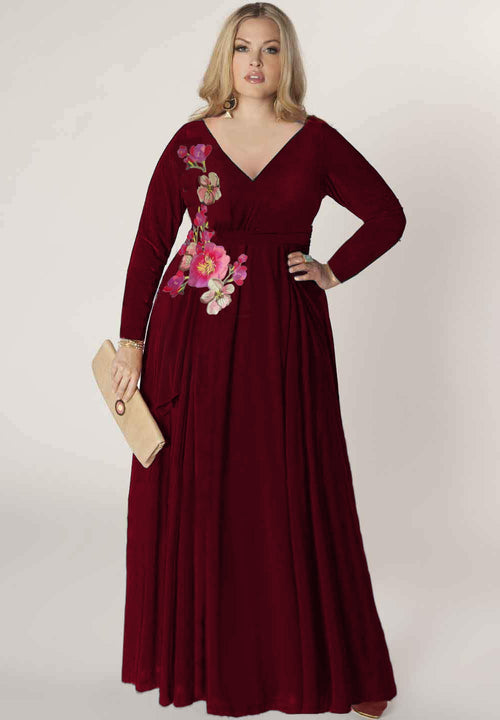 IGIGI Kate Embroidered Flower Plus Size Dress in Bordeaux (Made To Order)