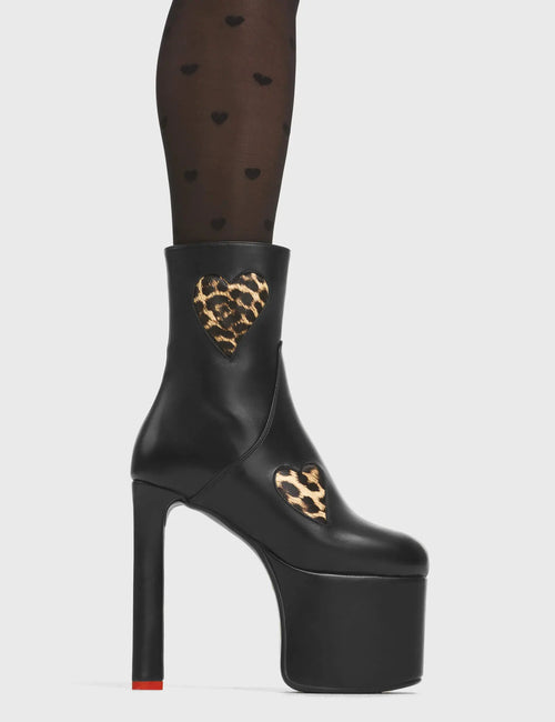Lamoda Stay the Night Black PU Ankle Boots with Leopard Accent Stylish