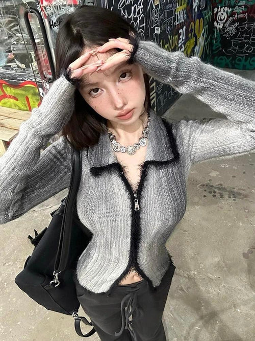 Litlookz Studio Acubi Fluffy Double Zip-Up Cardigan