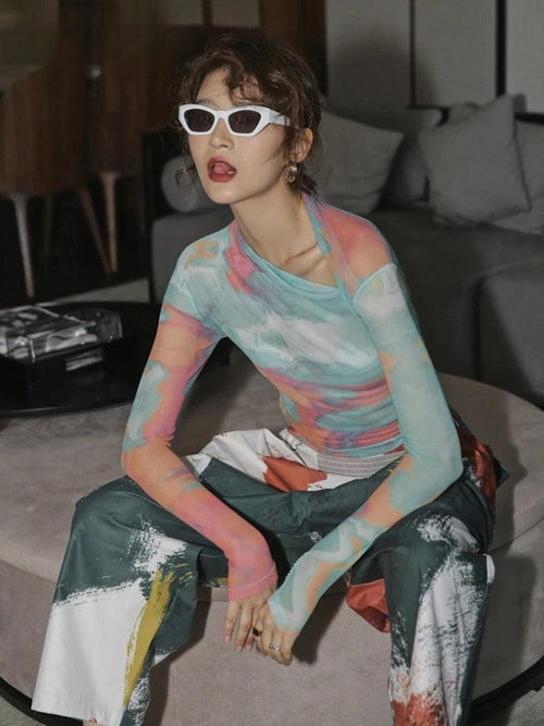 Litlookz Studio Asymmetric Tie Dye Mesh Top