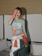 Litlookz Studio Asymmetric Tie Dye Mesh Top, view 4