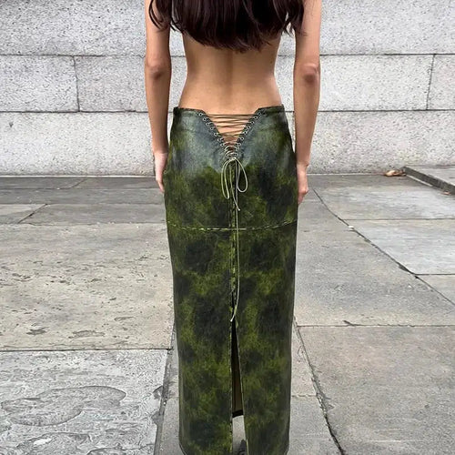 Litlookz Studio Baddie Leaf Lace Up Split Maxi Skirt