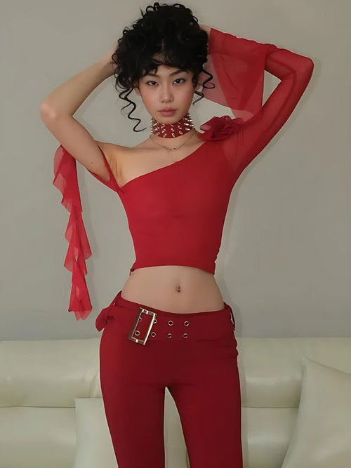 Litlookz Studio Baddie Rose One Shoulder Mesh Top