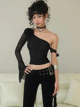 Litlookz Studio Baddie Rose One Shoulder Mesh Top, view 3