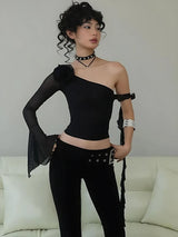 Litlookz Studio Baddie Rose One Shoulder Mesh Top, view 4