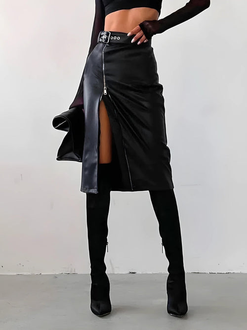 Litlookz Studio Baddie Zip Up Slit Midi Pencil Skirt