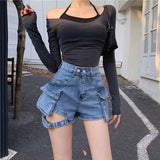 Litlookz Studio Belt Detail Cargo Denim Shorts, view 5