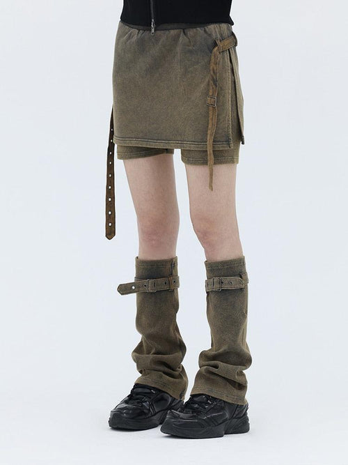 Litlookz Studio Belt Detail Denim Mini Skort With Leg Warmer