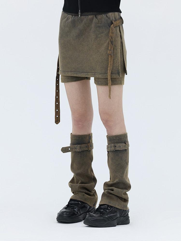 Litlookz Studio Belt Detail Denim Mini Skort With Leg Warmer