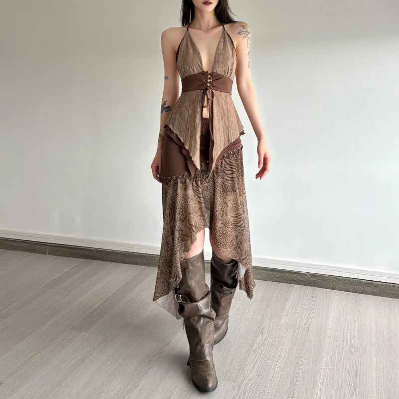 Litlookz Studio Boho Asymmetric Top & Leopard Midi Skirt Two Piece Set
