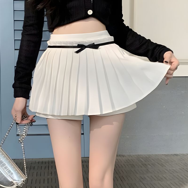 Litlookz Studio Bow Belt Pleated Mini Skort