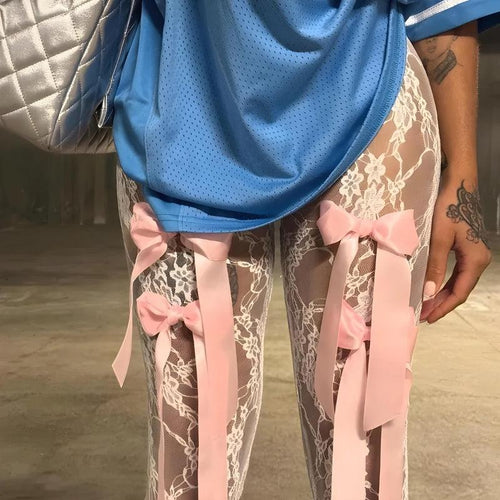 Litlookz Studio Bow Transparent Lace Flare Pants