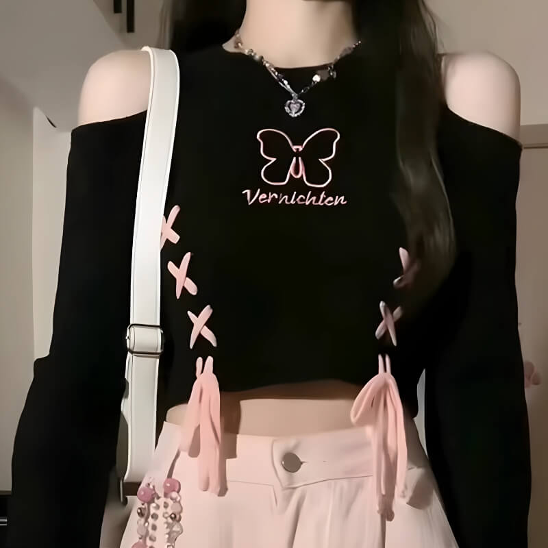 Litlookz Studio Butterfly Lace-Up Crop Top