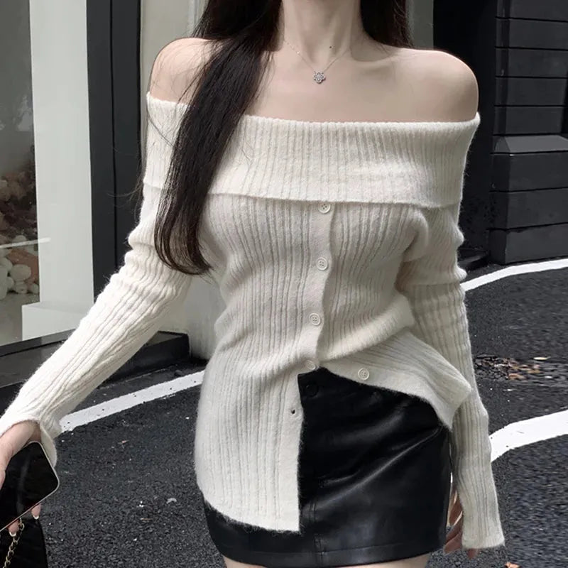 Litlookz Studio Button Up Off Shoulder Knitted Top