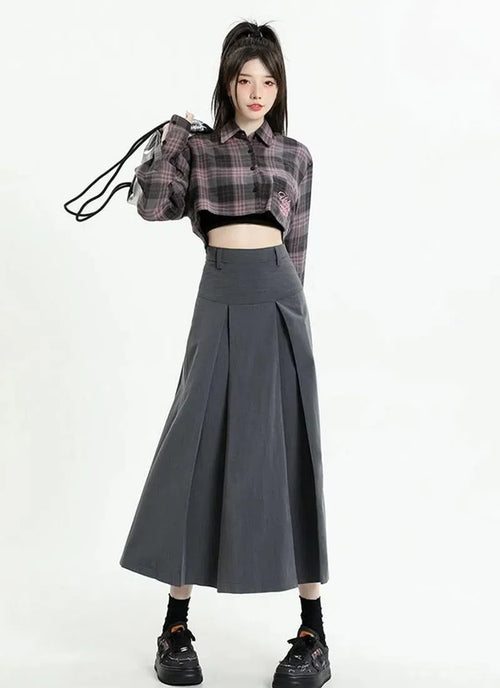 Litlookz Studio College Girl Pleated A-Line Midi Skirt