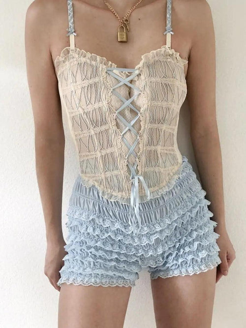 Litlookz Studio Coquette Lace Ruched Ruffled Shorts