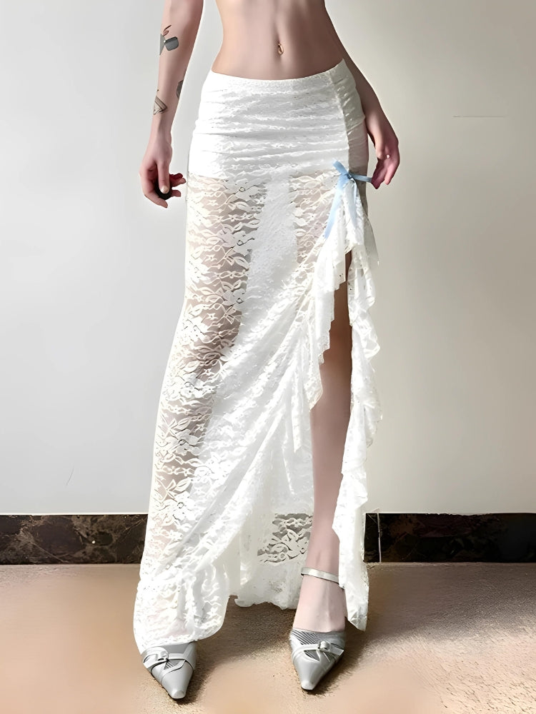 Litlookz Studio Coquette Lace Ruffled Slit Maxi Skirt