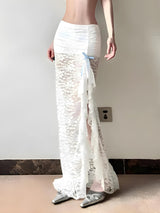 Litlookz Studio Coquette Lace Ruffled Slit Maxi Skirt, view 3