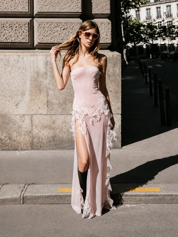 Litlookz Studio Coquette Lace Slit Maxi Dress