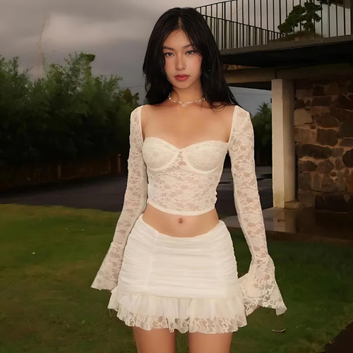 Litlookz Studio Coquette Lace Top & Ruched Mini Skirt Two Piece Set