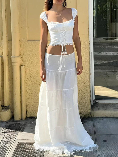 Litlookz Studio Coquette Lace Up Crop Top & Maxi Skirt Two Piece Set