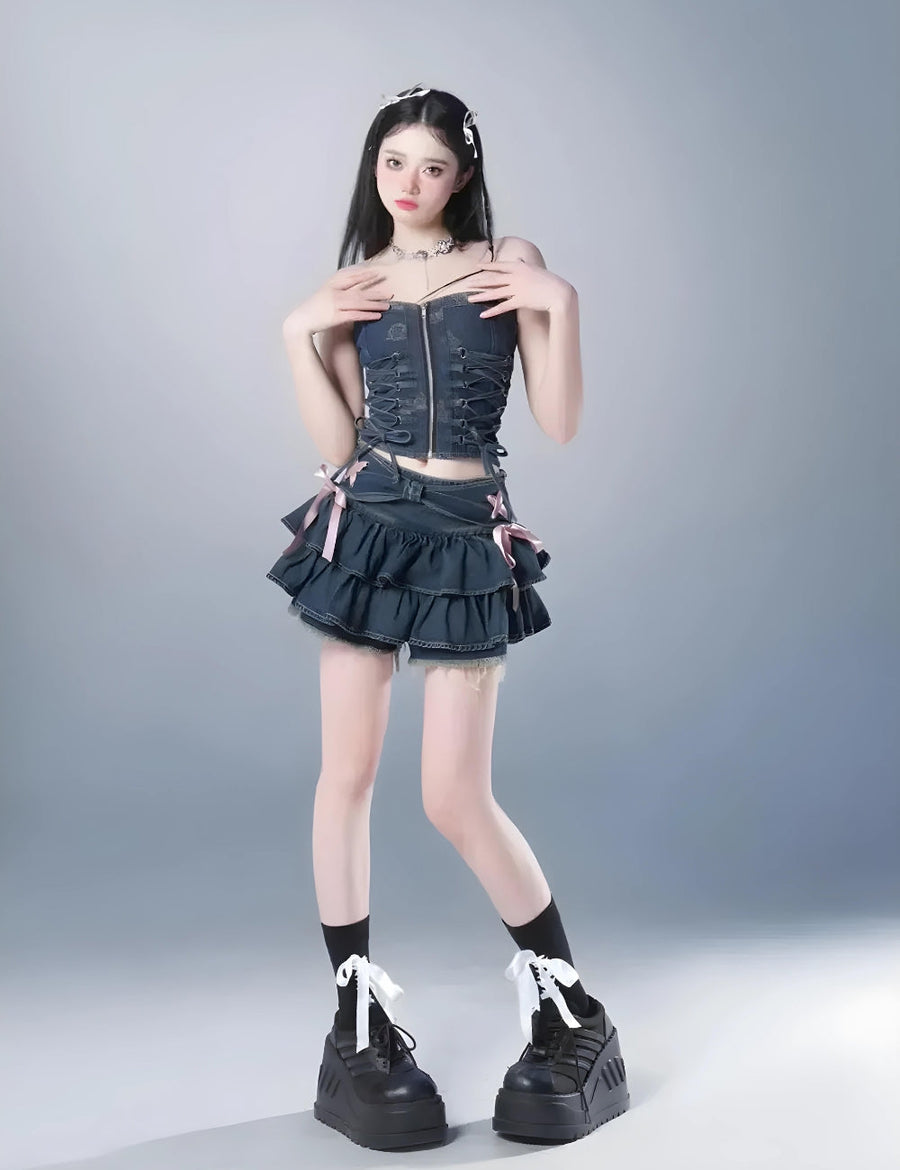 Litlookz Studio Coquette Low Rise Denim Mini Skort