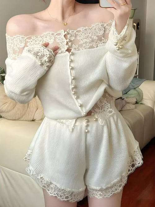 Litlookz Studio Coquette Pearl Button Lace Two Piece Set