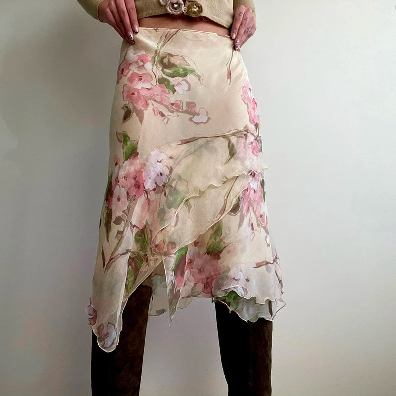 Litlookz Studio Cottagecore Floral Layered Midi Skirt