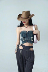 Litlookz Studio Cowgirl Crop Denim Tube Top, view 3