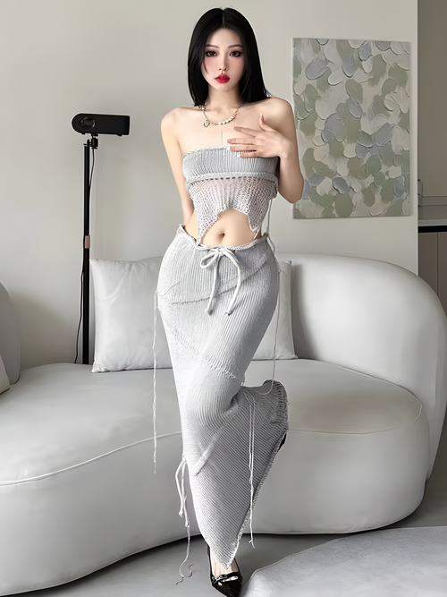 Litlookz Studio Crochet Backless Top & Maxi Skirt Two Piece Set
