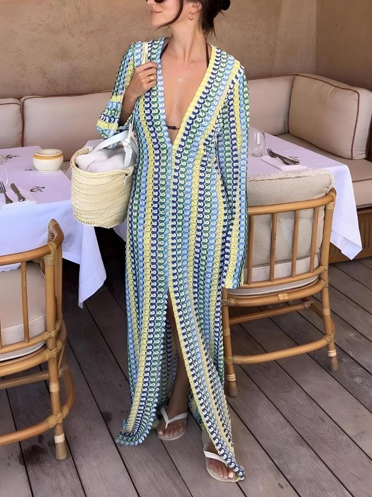 Litlookz Studio Crochet Striped Plunge Neck Maxi Dress