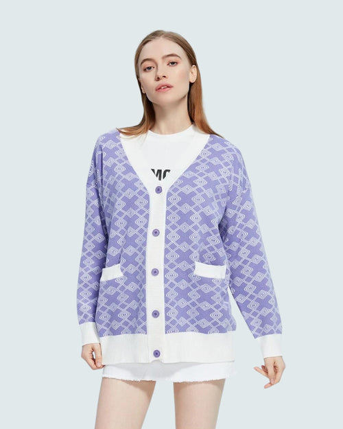 Litlookz Studio Cross Pattern Buttoned Purple Cardigan