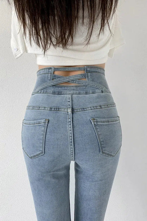 Litlookz Studio Cut Out Cross Waistband Skinny Jeans