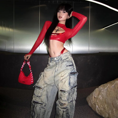 Litlookz Studio Cut-Out Sheer Mesh Crop Top