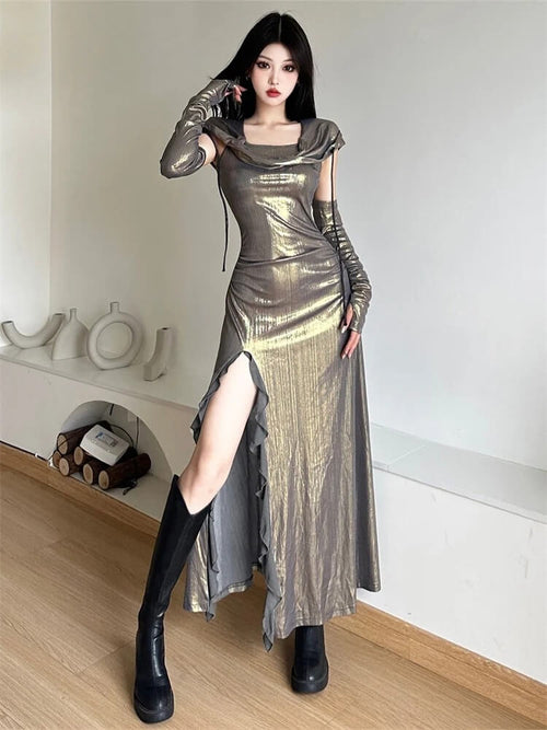 Litlookz Studio Cyberpunk Metallic Hooded Midi Dress