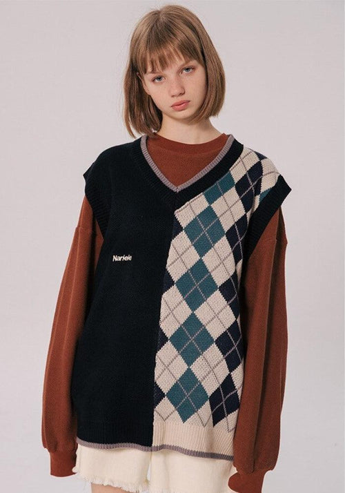 Litlookz Studio Dark Academia Half Argyle Sweater Vest