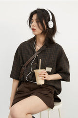 Litlookz Studio Dark Academia V-Neck Plaid Shirt, view 3
