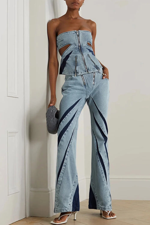Litlookz Studio Denim Cut Out Tube Top & Patch Jeans Two Piece Set